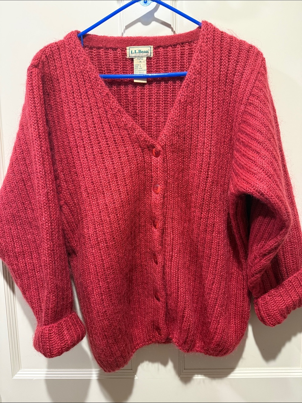 L.L. Bean Women's Raspberry-Red Chunky V-Neck Button Cardigan
